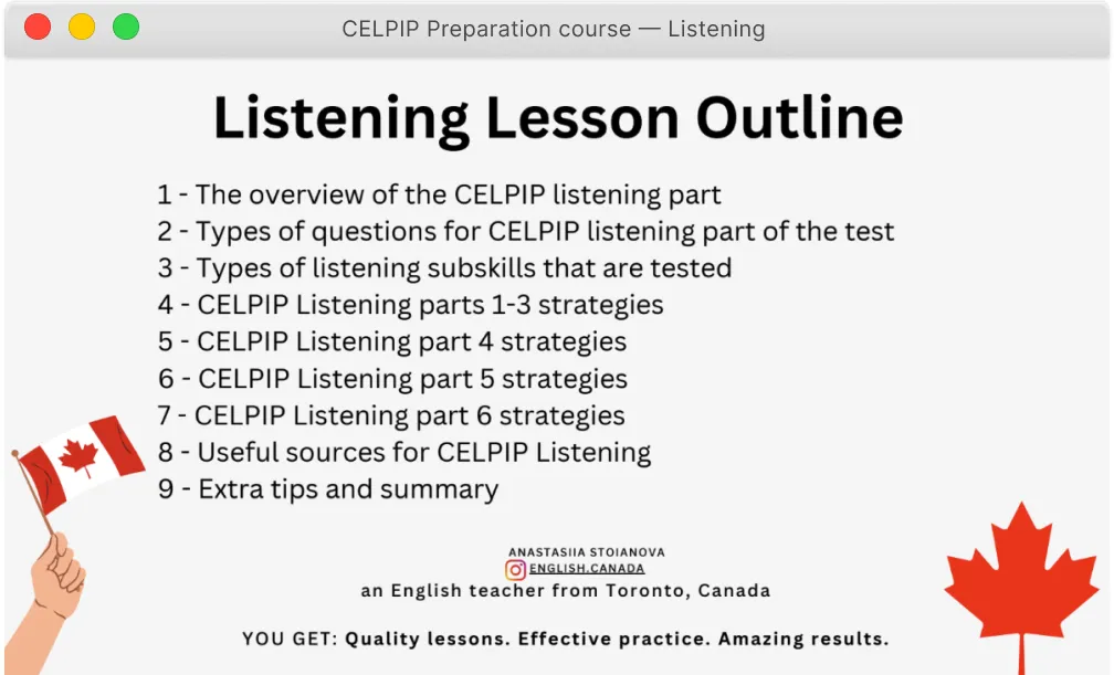 Картинка со структурой курса по CELPIP для части Аудирование