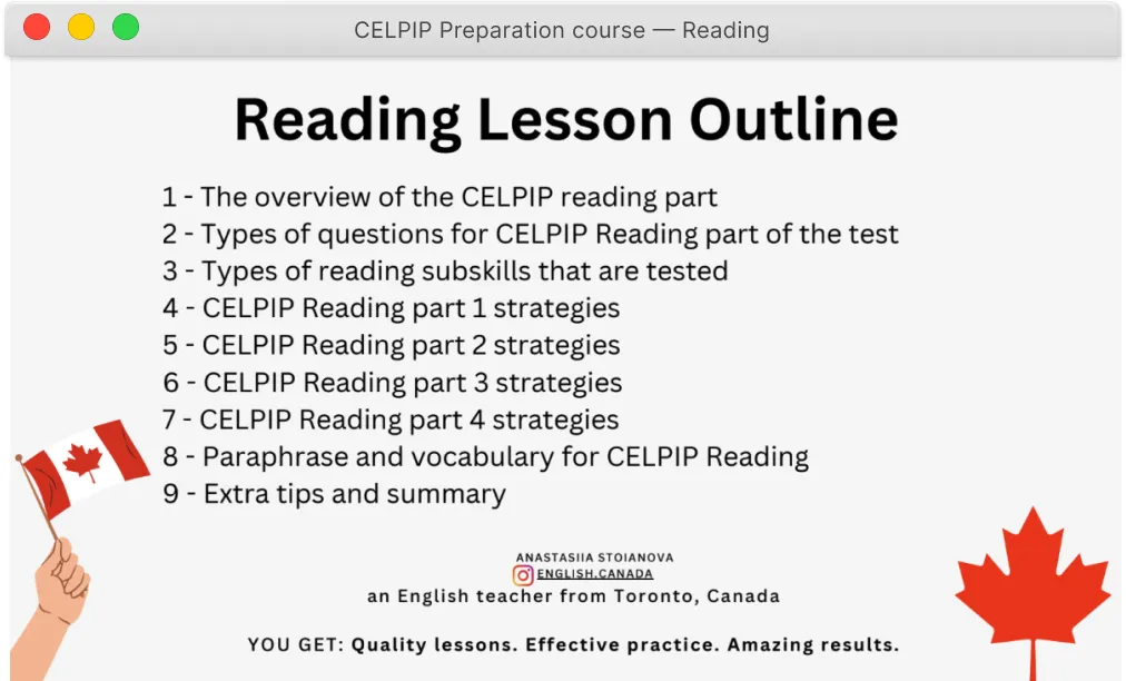 Картинка со структурой курса по CELPIP для части Чтение
