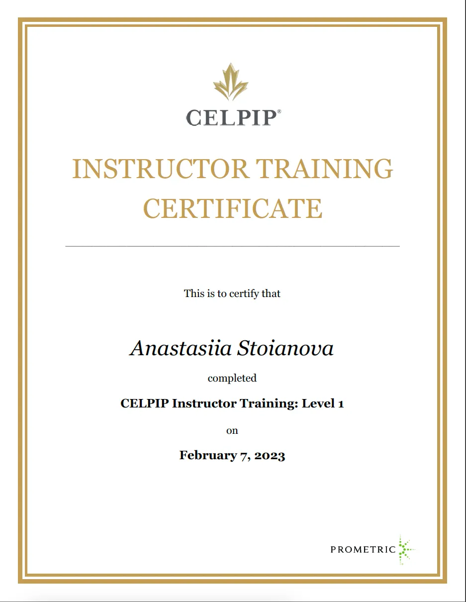 CELPIP Instructor training certificate: Level 1, 2024
